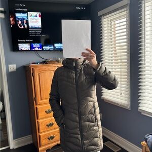 Long Quilted Puffer Coat in Olive Gray brown